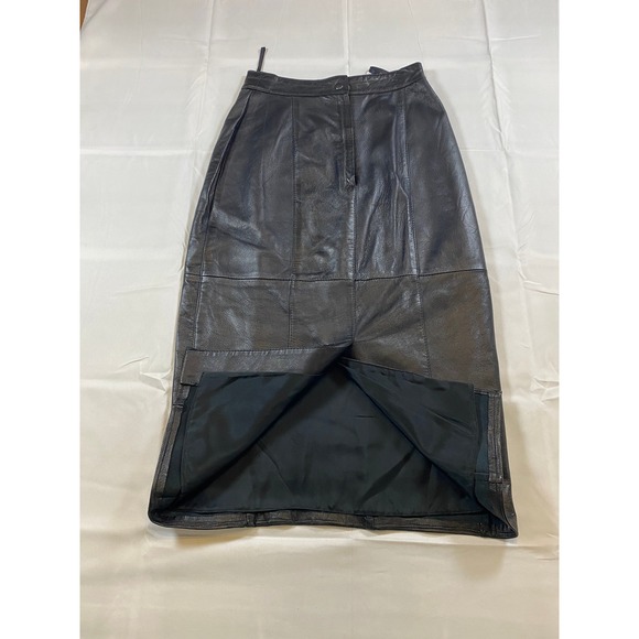 Vintage Black Leather High Waisted Midi Pencil Skirt Button Fly Women Size 6 - Picture 3 of 7